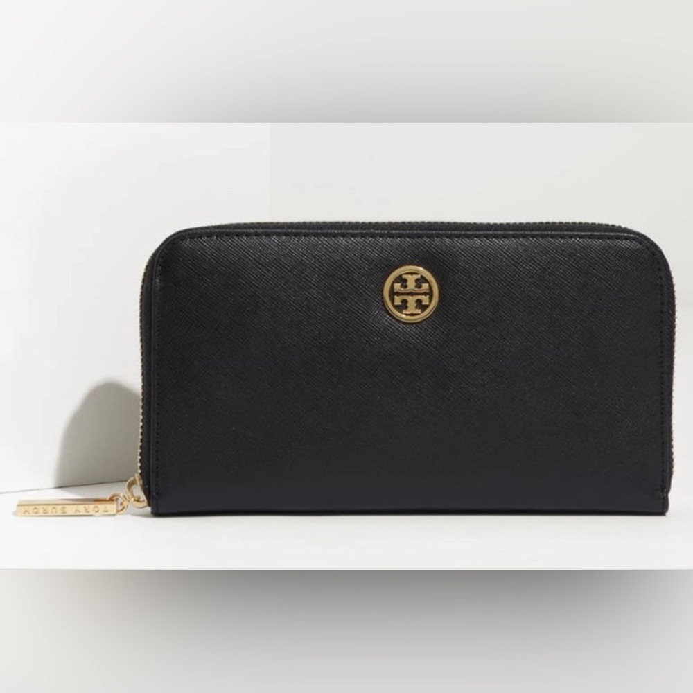 Tory Burch Black Zip Wallet with Gold Emblem
